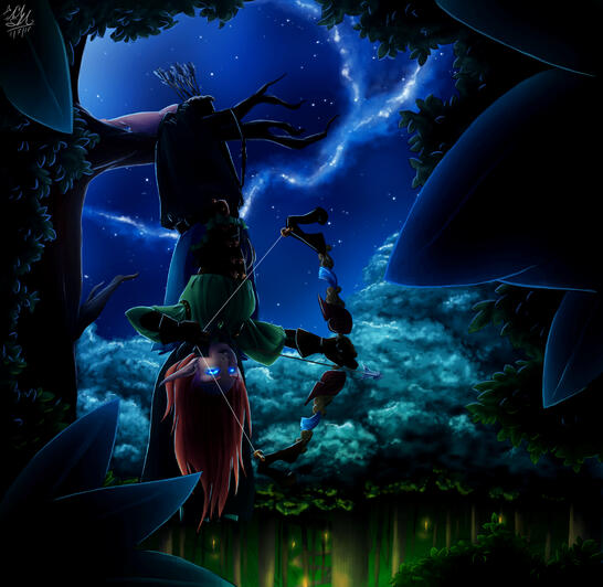 Eine Elfe hängt bei Nacht kopfüber von einem Baum und spannt einen Bogen. Im Wald unter ihr leuchten Fackeln.