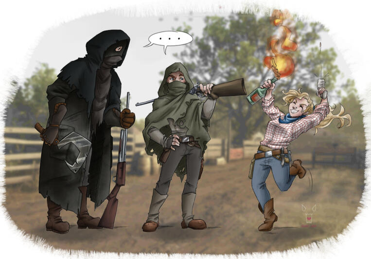Ein Fanart zum Videospiel "Hunt:Showdown". Es zeigt drei Personen in Western-Kleidung.