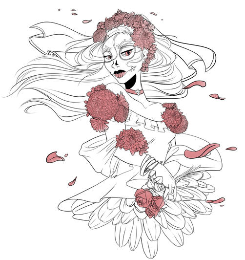 Ein Entwurf, der für eine Tätowierung gefertigt wurde. Es ist eine Frau zu sehen, welche ein mexikanisches "Day of the dead"-Makeup und viele Blumen trägt. Das Bild ist ein Lineart, die Blumen sind rot hervorgehoben.