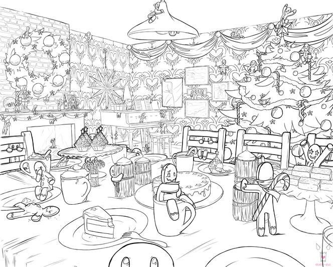 Ein weihnachtliches Suchbild, welches ein Kaminzimmer mit einem Esstisch und einem Weihnachtsbaum zeigt. Überall sind kleine faxenmachende Lebkuchenmännchen versteckt.