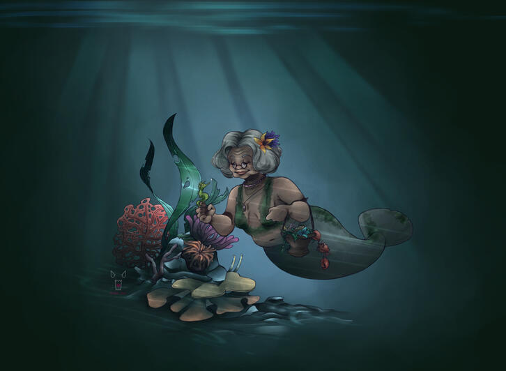 Das Bild zeigt eine alte Nixe, halb Frau halb Seekuh, welche lächelnd im Meer treibt und sich nach dem Befinden eines Seepferdchens erkundigt.